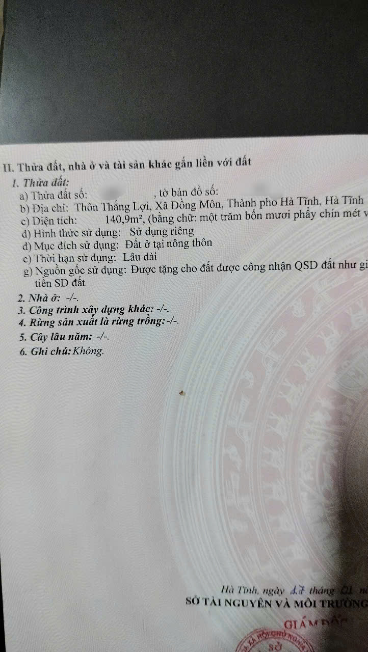 Mùng1 em mở bán lô đất quá đẹp thuộc thôn Thắng Lợi - Thạch Đồng cũ ( nay là Phường Trần Phú) 
