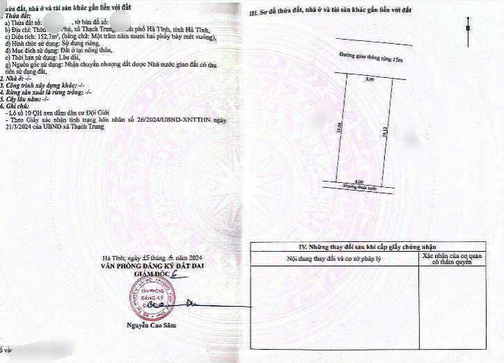 QH đội giới. Thôn liên phú phường thạch trung.  Một lô duy nhất ko lỗi lối đường to nhất 15m